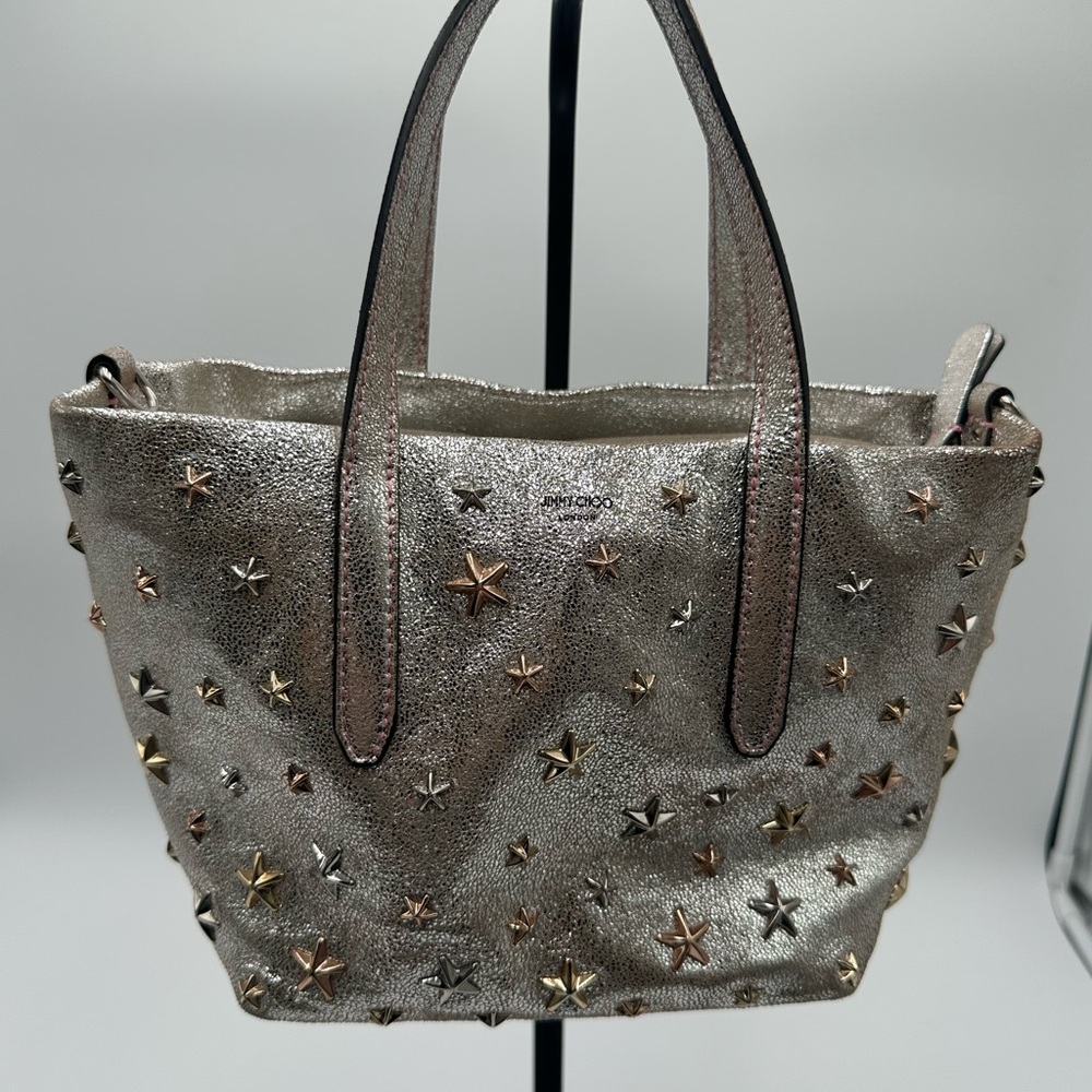 Jimmy Choo Silver Metallic Tote Bag with Studded Design